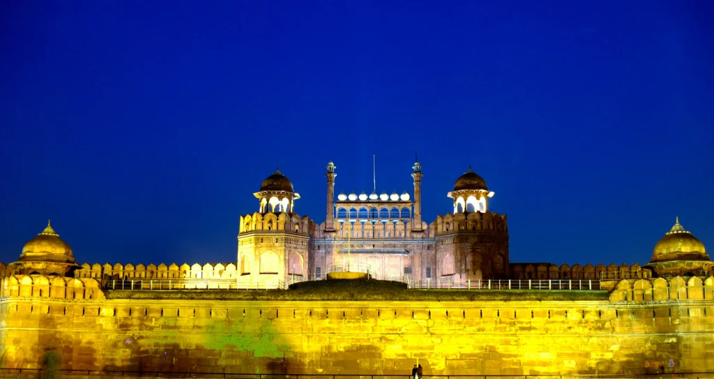 Wide-angle view of the Red Fort's massive walls and historic architecture